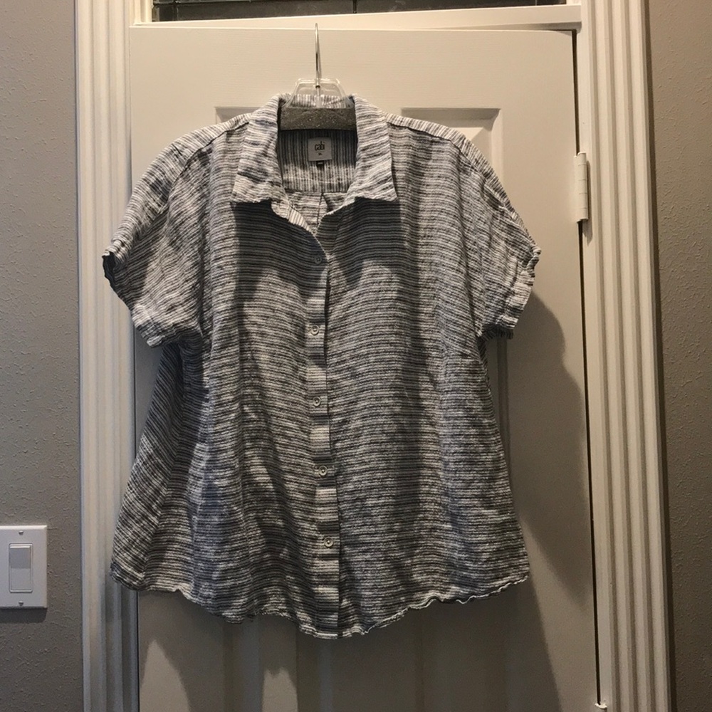 CAbi blue white stripe linen blend top